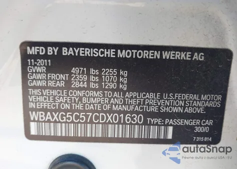 2012 BMW 528I из США, поврежденный, VIN WBAXG5C57CDX01630